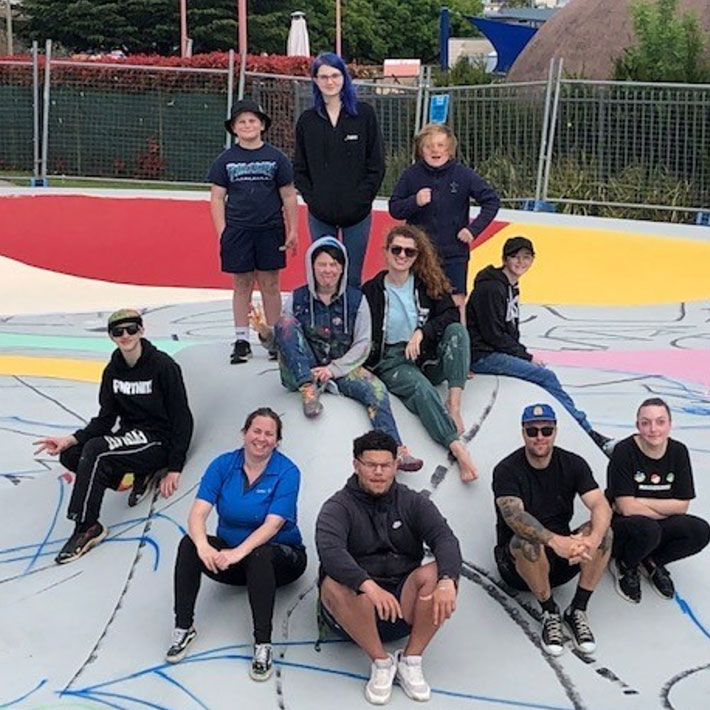 Queanbeyan Skate Park Team Group photo of the team involved in the Queanbeyan skate park artwork project.