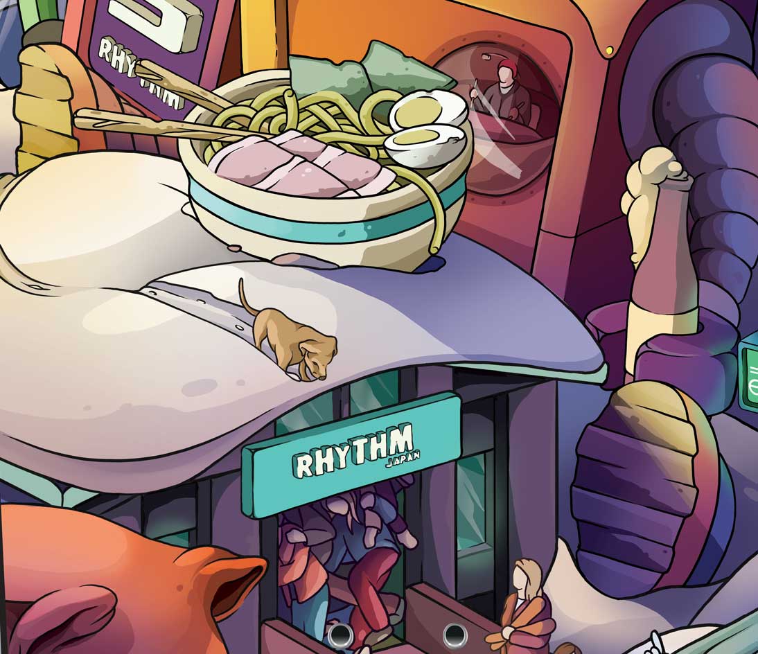 Rhythm Japan x CAPiTA 20 Year snowboard graphic, ramen and storefront Illustrated scene with a ramen bowl, small characters and a Rhythm Japan shop sign, part of the Rhythm Japan x CAPiTA 20-year snowboard graphic.