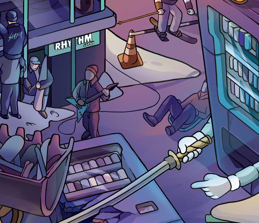 Rhythm Japan x CAPiTA 20 Year snowboard graphic, night street scene Night street illustration with a Rhythm Japan sign, people, vending machine and a katana sword, from the Rhythm Japan x CAPiTA 20-year snowboard graphic.