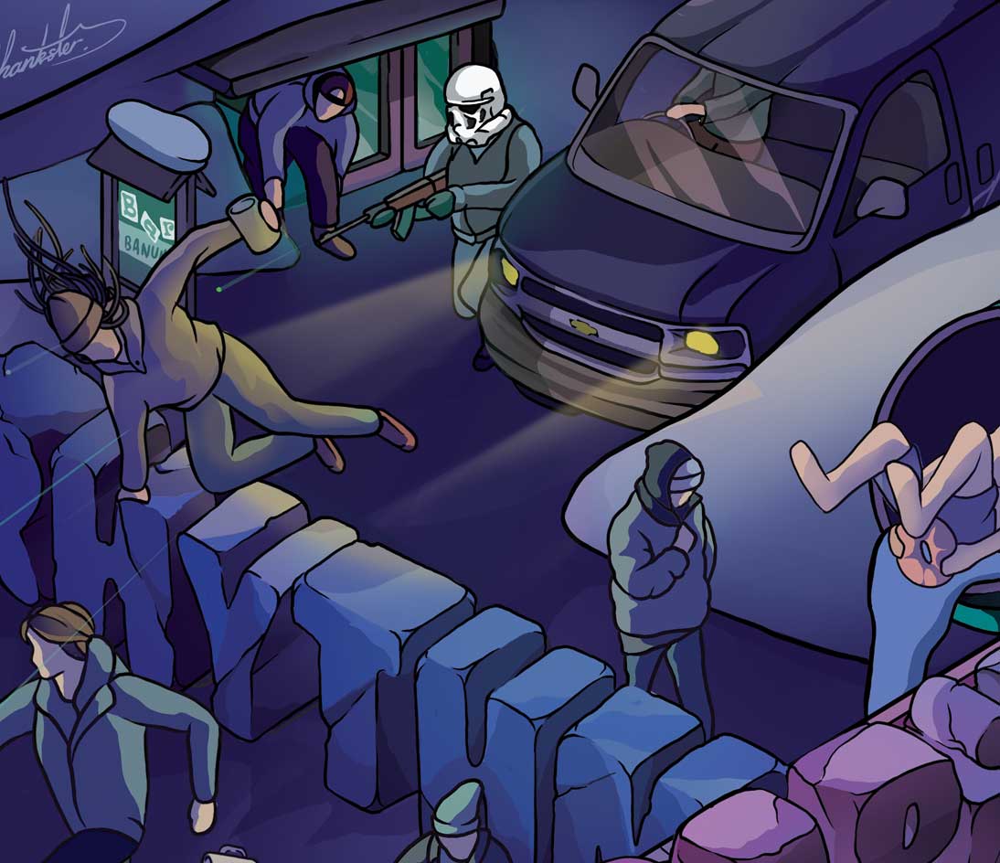 Rhythm Japan x CAPiTA 20 Year snowboard graphic, night van scene Dark blue night scene illustration with a van, street characters and snow stacks, from the Rhythm Japan x CAPiTA 20-year snowboard graphic.