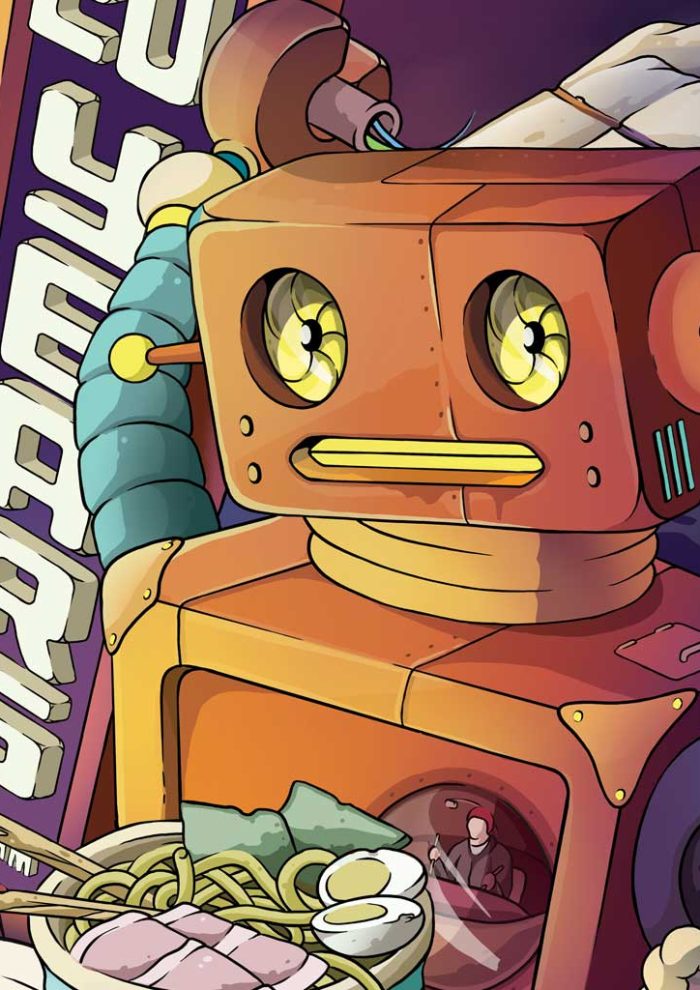 Illustration close-up of a retro robot character beside a vertical CAPiTA wordmark, part of the Rhythm Japan x CAPiTA 20-year snowboard graphic.