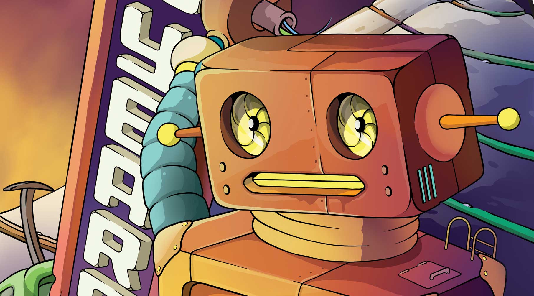 Rhythm Japan x CAPiTA 20 Year snowboard graphic, banner crop Wide crop of a robot character and CAPiTA wordmark from the Rhythm Japan x CAPiTA 20-year snowboard graphic illustration.