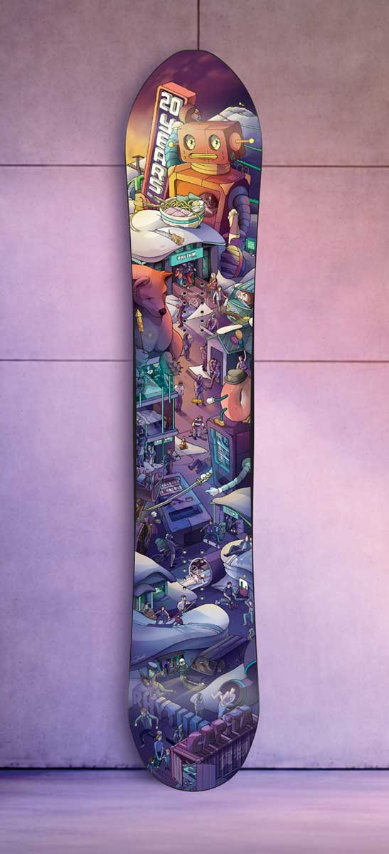 Rhythm Japan x CAPiTA 20 Year snowboard graphic, full board Full-length snowboard featuring the Rhythm Japan x CAPiTA 20-year anniversary graphic, a vertical illustrated city scene with a robot character at the top and layered street details below.