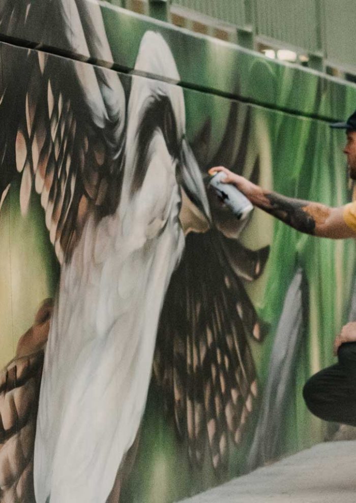 Mike Shankster spray painting a large bird mural on a green wall, captured mid-process in Jindabyne.