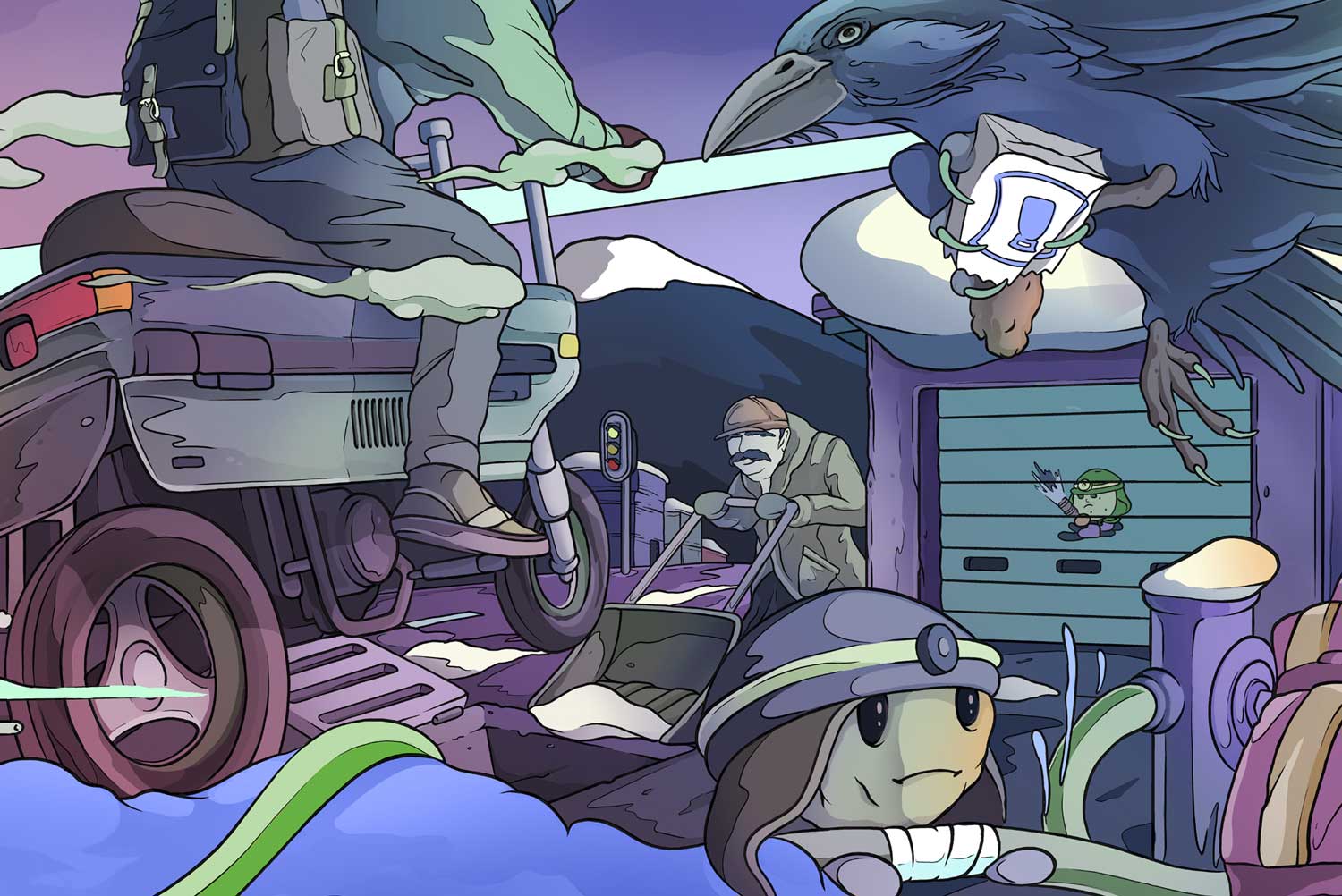 Winter street illustration outside a ski town, a crow perches on a rooftop holding a face mask while a worker shovels snow beside bikes and a garage door.