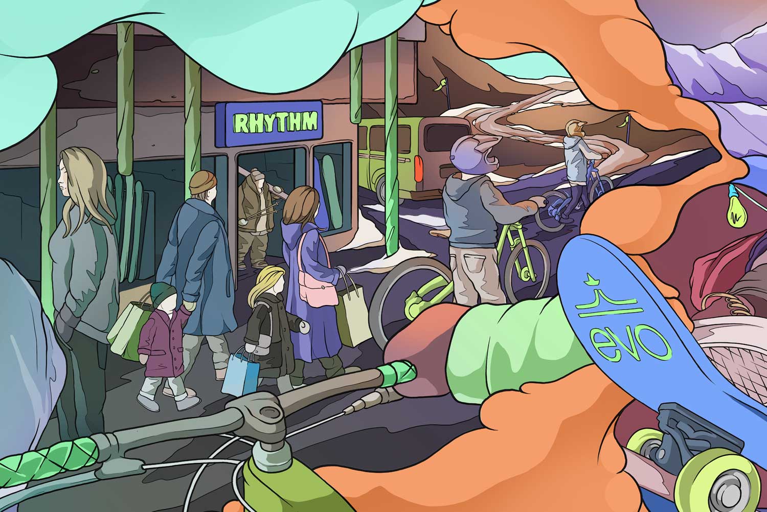 Winter street illustration outside a ski town, a crow perches on a rooftop holding a face mask while a worker shovels snow beside bikes and a garage door.