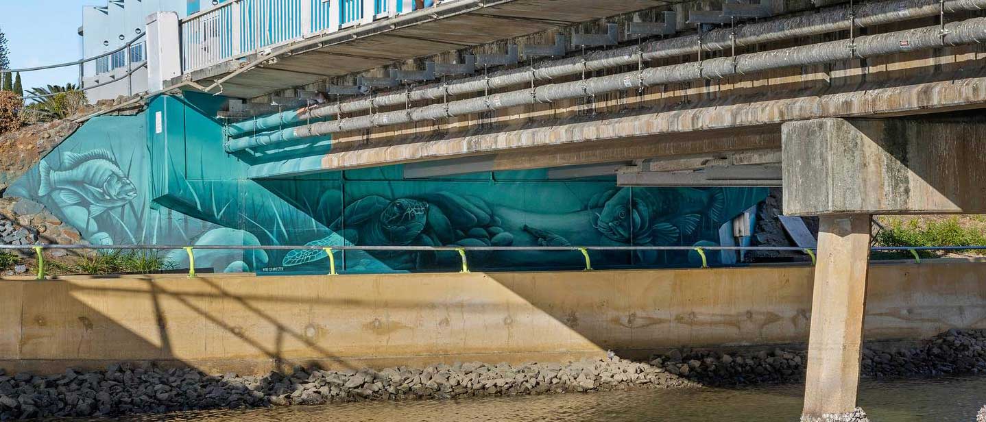 Wide view of the Port Macquarie bridge mural featuring marine life painted beneath the bridge beside the water.