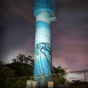 Bongaree water tower mural on Bribie Island featuring a sea turtle underwater scene painted by Mike Shankster.