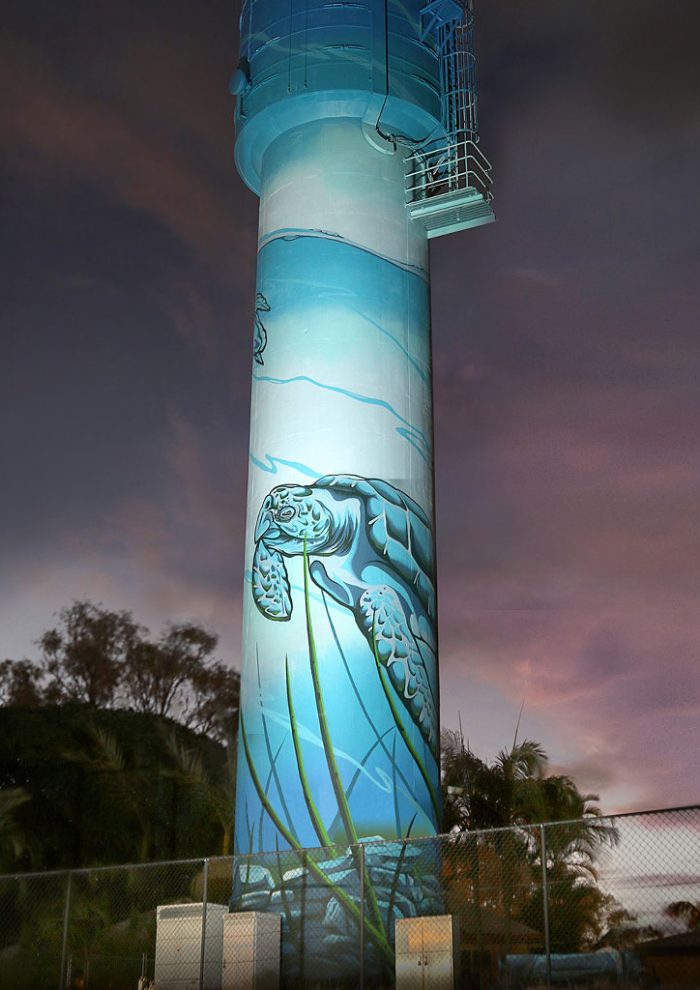 Bongaree water tower mural on Bribie Island featuring a sea turtle underwater scene painted by Mike Shankster.