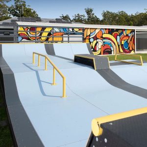 Backyard skate ramp with colourful shed mural painted in Glass House Mountains by Mike Shankster