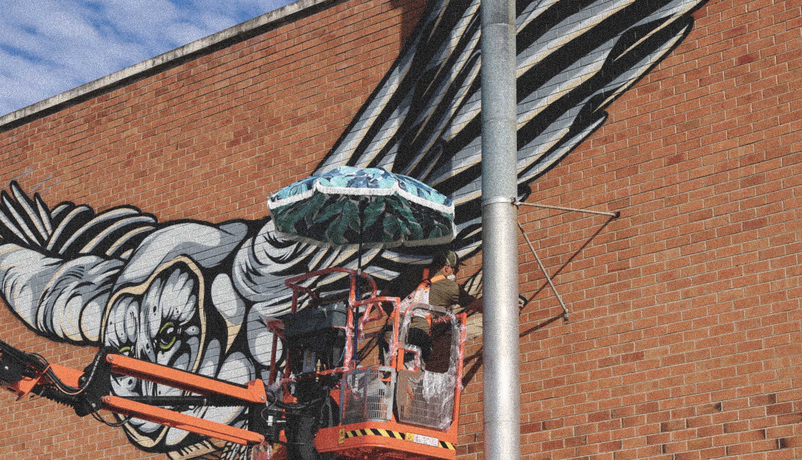 Mike Shankster working on a large-scale mural using an elevated work platform