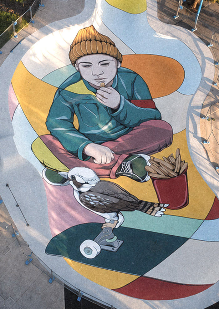 Aerial detail of a skate park mural by Mike Shankster featuring a seated character, magpie, skateboard, and abstract colour shapes.